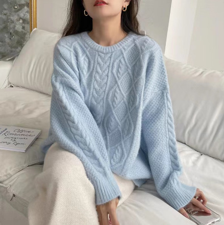 韩系慵懒风圆领简约纯色毛衣女宽松休闲混纺加厚中长款针织长袖|undefined