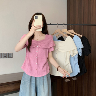 2025 Summer New chubby girl plus size Women's French Design Love Button Sweet Age-reducing Short-sleeved Shirt