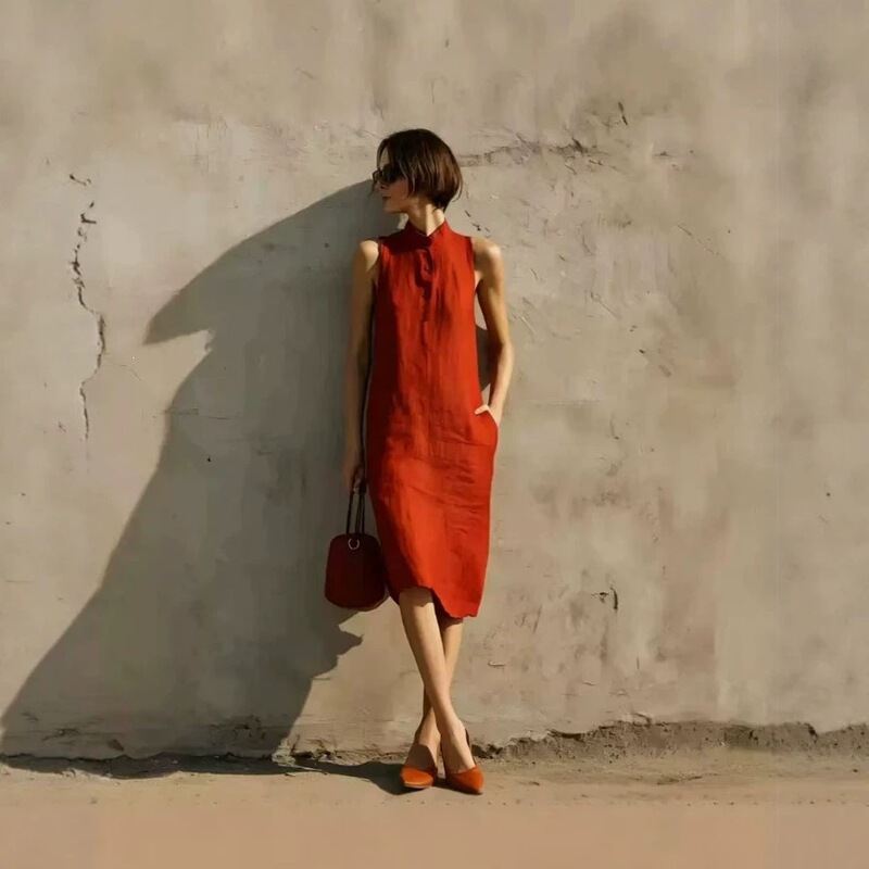 2026 New Sleeveless Linen Straight Dress European and American Minimalist Retro Textured Workwear Cotton-Linen Mid-Length Dress 2026 New Sleeveless Linen Straight Dress European and American Minimalist Retro Textured Workwear Cotton-Linen Mid-Length Dress