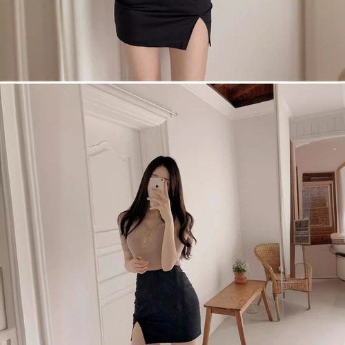  New Black Bodycon Mini Skirt Summer High-Waisted Super Hot Bodycon Skirt with Slit OL Short Skirt Sexy Short Skirt