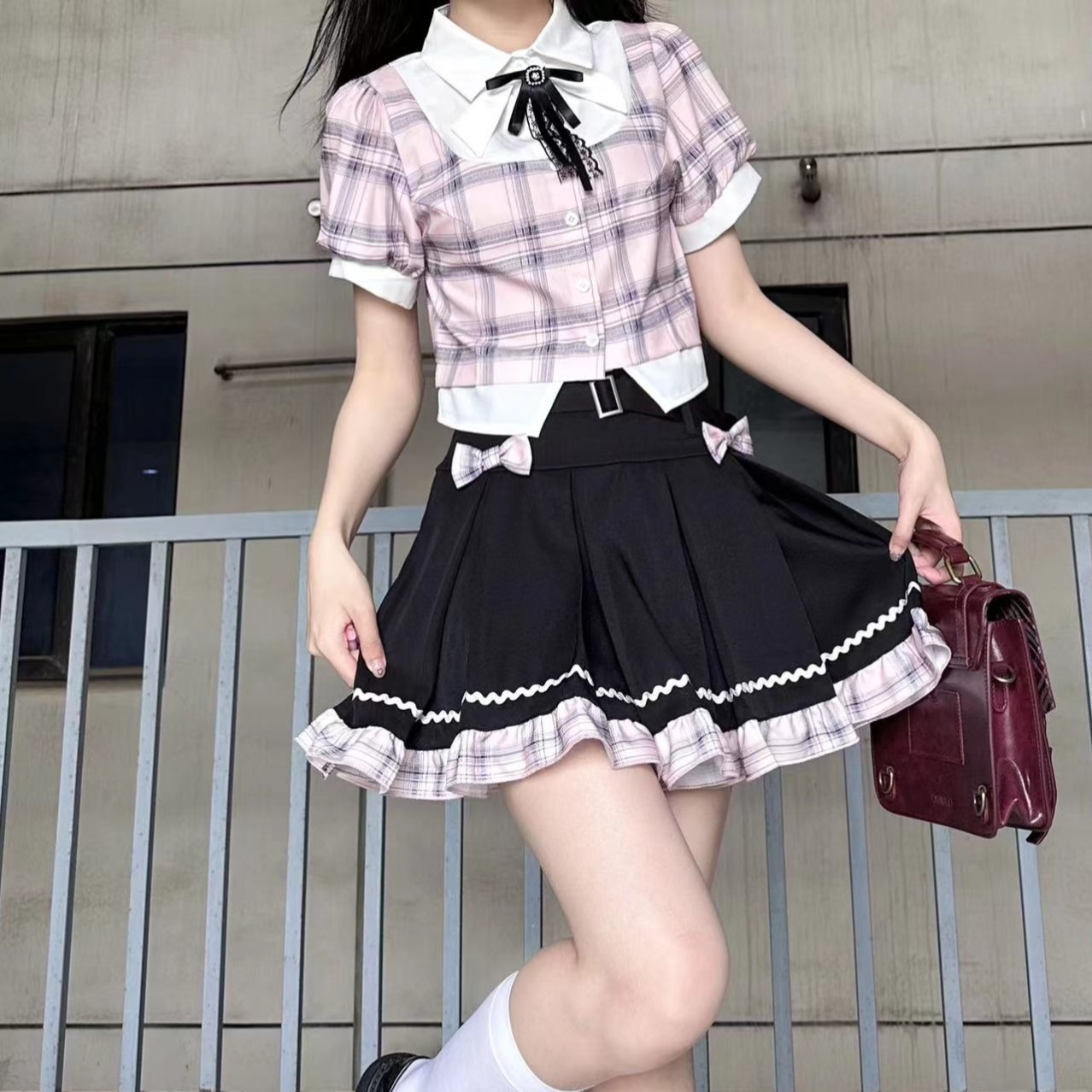 한국 소녀 대학 스타일 귀여운 달콤한 소녀 블랙 파우더 JK 유니폼 세트 작은 여름 소녀