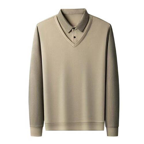 Spring and autumn long-sleeved t-shirt, men's business casual, middle-aged, father's shirt collar, fake two-piece men's striped Polo shirt