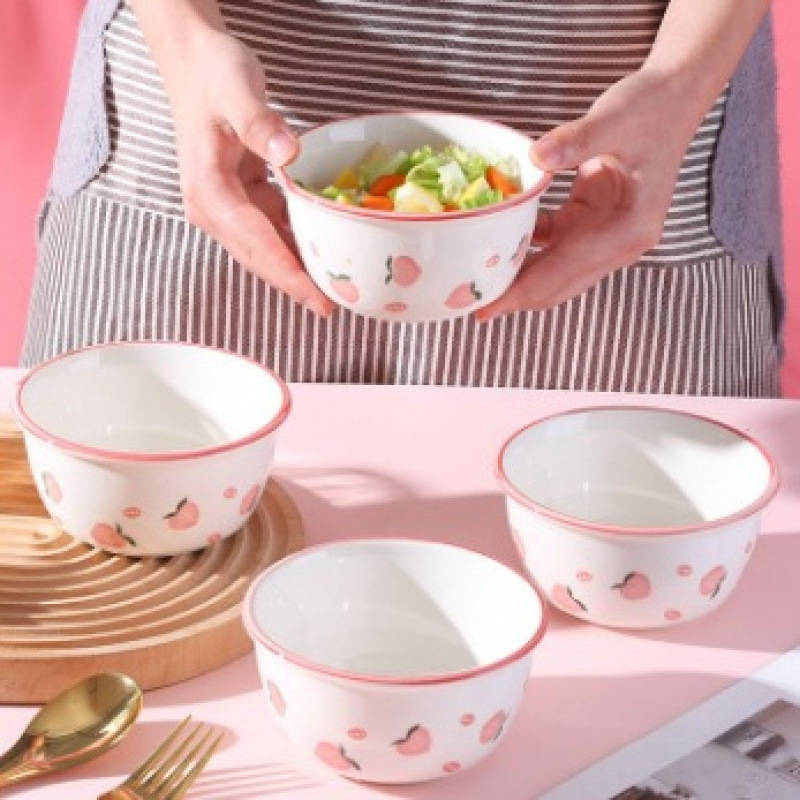 水蜜桃莓陶瓷米饭碗家用可爱风餐具情侣儿童碗勺套装盛粥碗