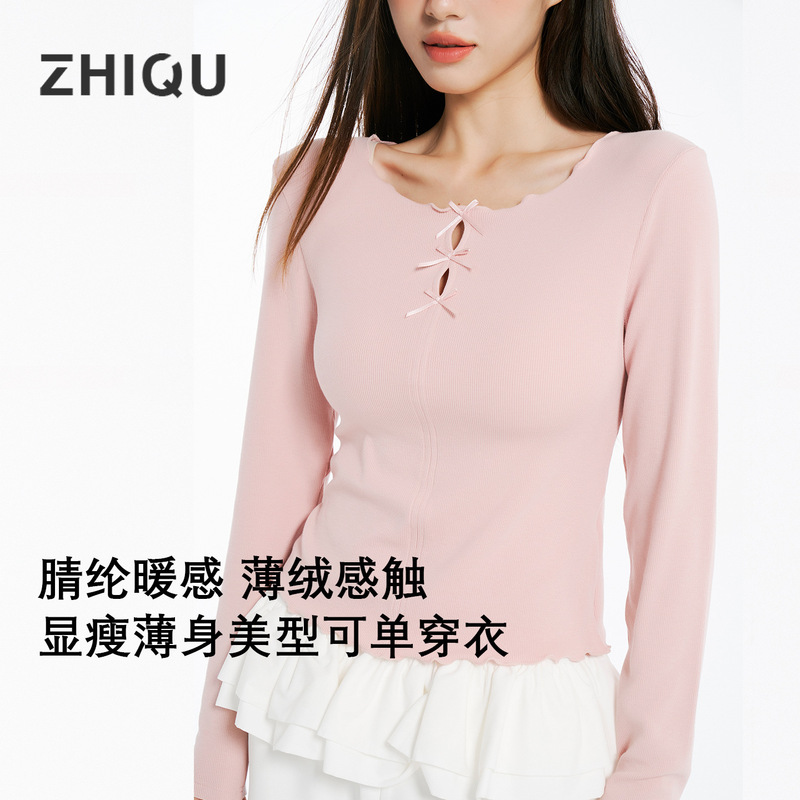 Zhi Qu Bowknot Thermal Underwear Can Be Worn Outside, Long-Sleeved Women's Inner Wear T-Shirt Top, Velvet Ultra-Thick, Small Chest Push-Up Zhi Qu Bowknot Thermal Underwear Can Be Worn Outside, Long-Sleeved Women's Inner Wear T-Shirt Top, Velvet Ultra-Thick, Small Chest Push-Up