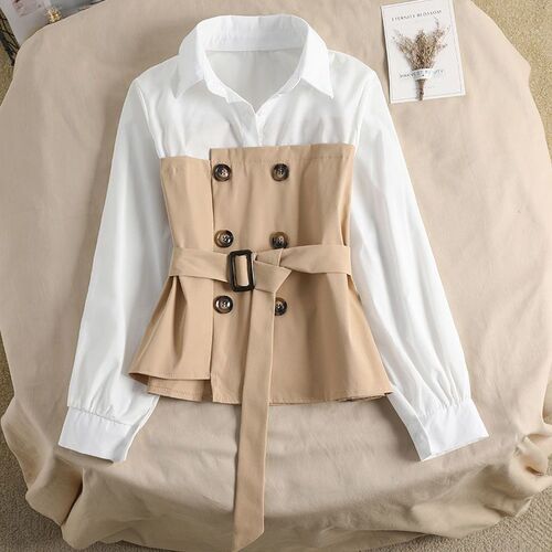 MG Elephant New Short Figure Patchwork POLO Collar Irregular Hem Belted Waist Long Sleeve Shirt
