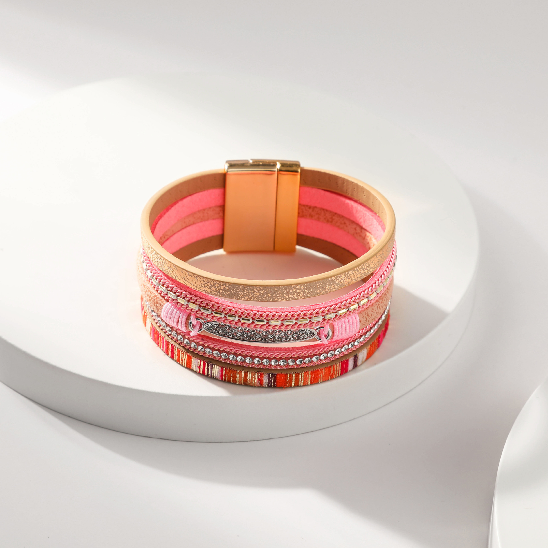 Fashion Round Pu Leather Inlay Rhinestones Womenu0027S Bangle 1 Piece