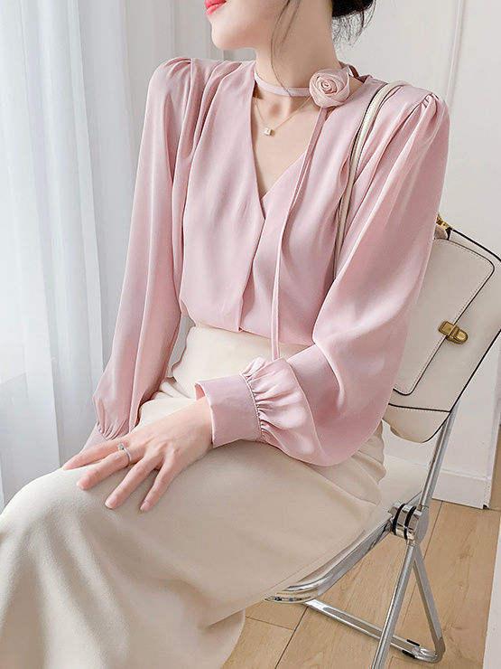 French-Style Gentle Rose Halter Pink Shirt for Women, Spring and Autumn High-End Niche Chic V-Neck Chiffon Top Ins
