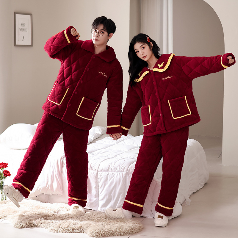 따뜻한 커플 잠옷 겨울 3 층 두꺼운 산호 양털 면 패딩 자켓 플러스 사이즈 빨간 가족 년 웨딩 홈 옷