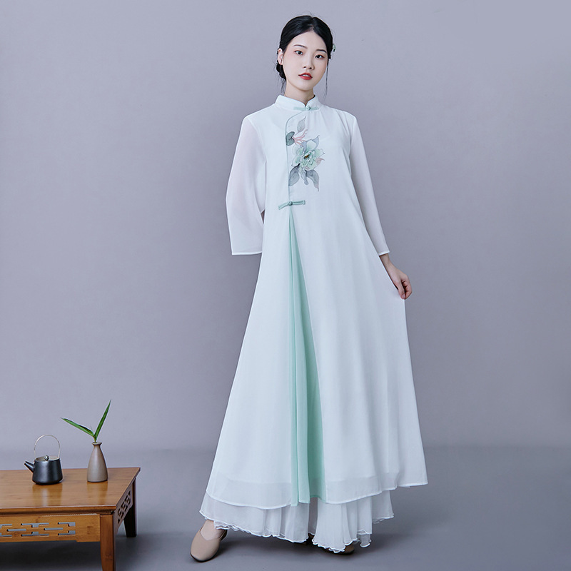 One-piece delivery Chinese style women's clothing modified retro Zen tea clothing artistic clothing women's chiffon 3/4 sleeve dress One-piece delivery Chinese style women's clothing modified retro Zen tea clothing artistic clothing women's chiffon 3/4 sleeve dress