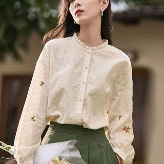 立领纯棉长袖衬衫女春秋新款设计感刺绣小衫洋气显瘦小众上衣