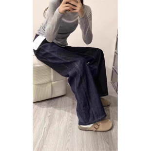 Pear-Shaped Body dark blue Straight Jeans Women's plus size chubby girl High-Waist Hip-Covering Slimming Wide-Leg Pants