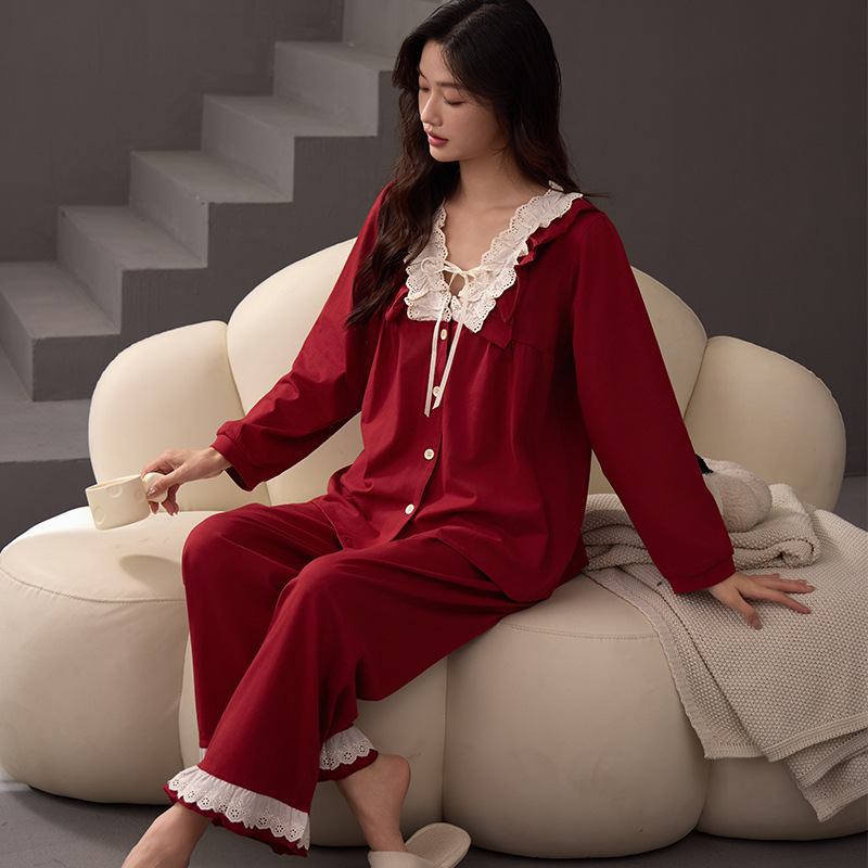 가을 새로운 순면 레드 파자마 여성용 카디건 V-NECK 유행 긴 소매 레드 아웃웨어 홈 의류 여성용 세트
