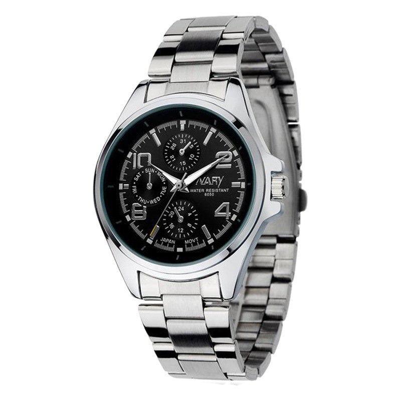 NARY marca reloj hombre falso de tres ojos luminoso impermeable correa de acero reloj de cuarzo 6050
