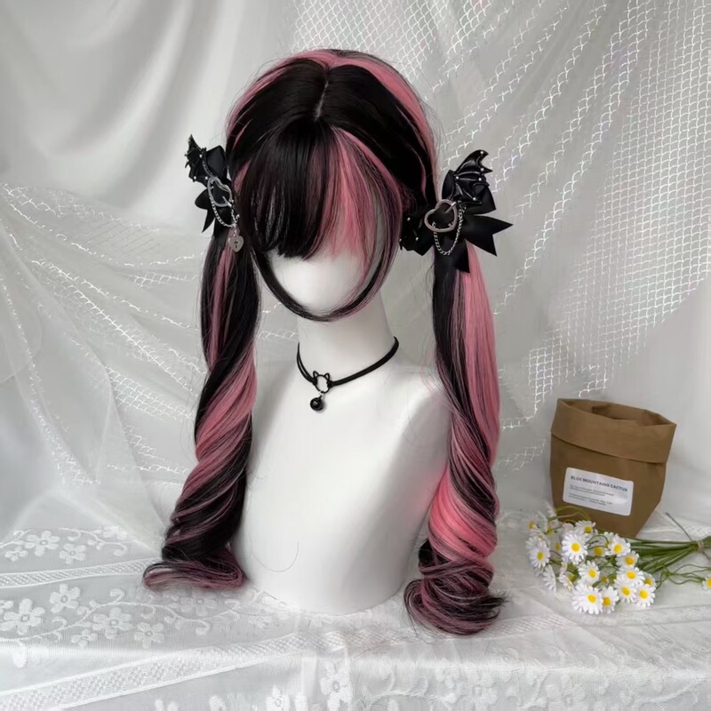 Shishan Wig Female Black Highlighted Pink Shaoluo Lolita Yabi Long Curly Hair Niche Subculture Full Headgear