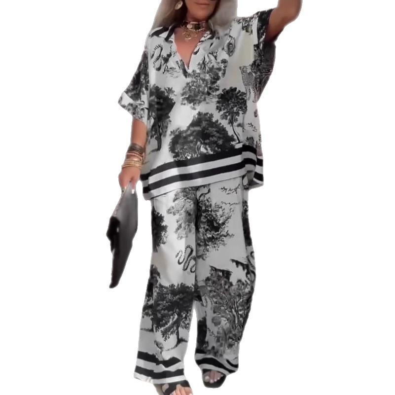 2026 European And American Style Cross-Border Independent Station Casual V-Neck Printed Short Sleeve Top Loose Wide-Leg_ecoleips.com