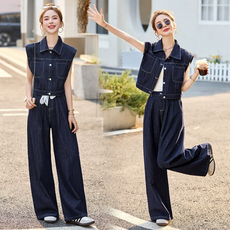 2025 летний новый европейский повседневный джинсовый жилет однобортный без рукавов широкий набор брюк