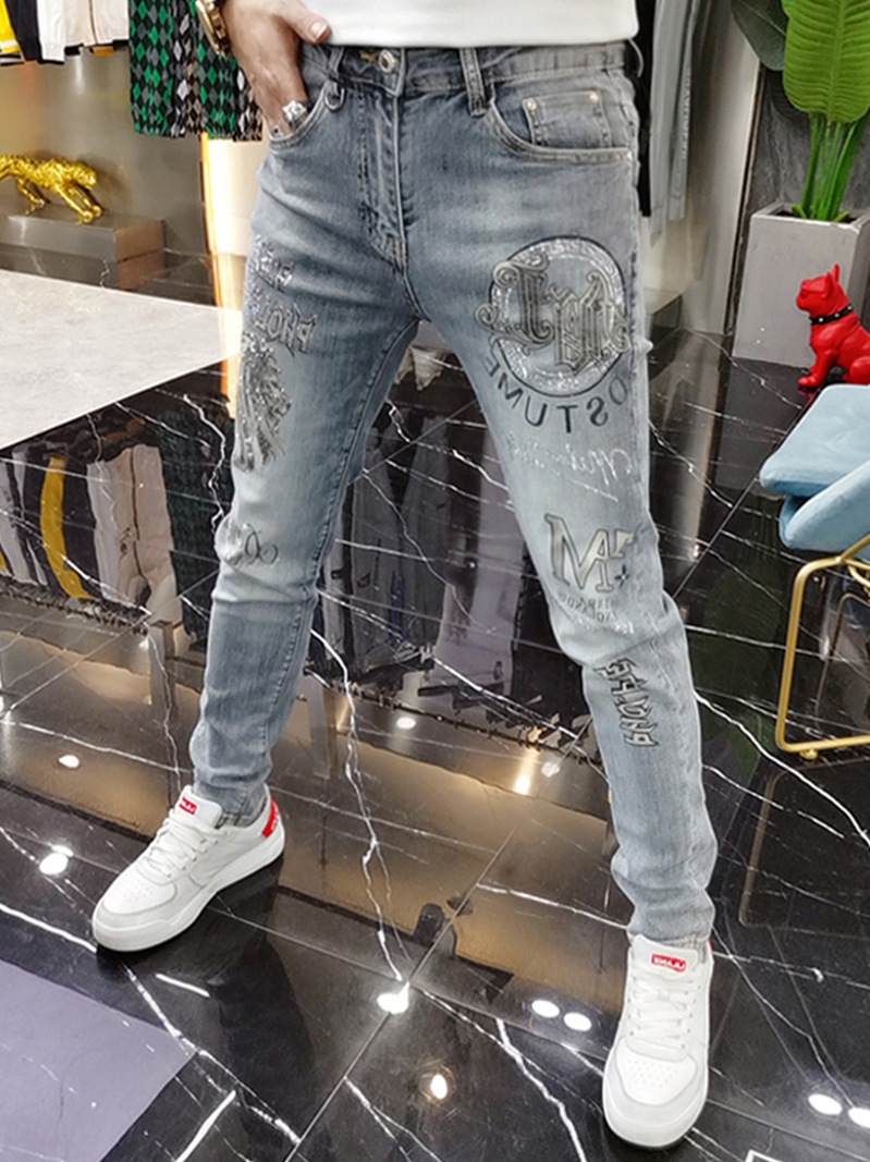 2023 Spring/Summer Jeans Men's Heavy Industry Hot Diamond Printing Fashion Brand Handsome Casual Slim Fit Small Foot_voghion.com