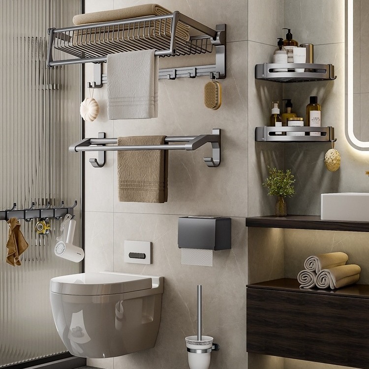 Pistola gris toallero ponche-libre baño rack de almacenamiento de baño montado en la pared inodoro toalla Rod baño colgante