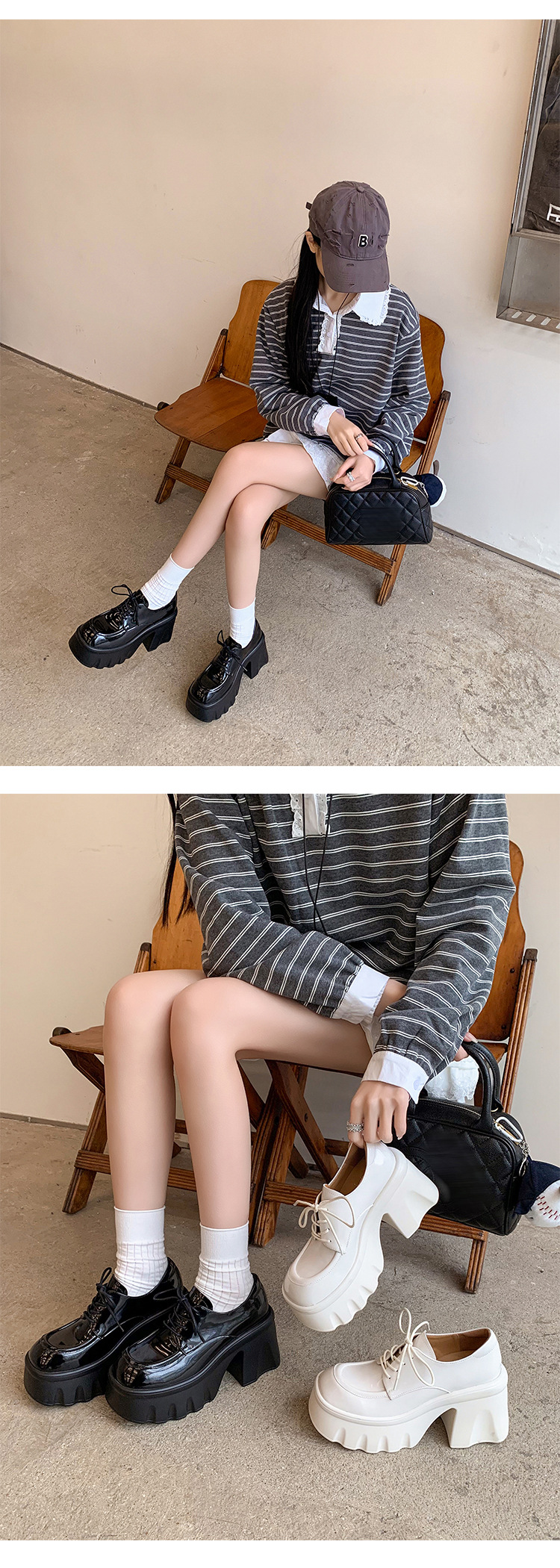 Giày loafer nữ đế xuồng platform gót vuông dây buộc da thật — màu đen, màu trắng ngà chi tiết 10