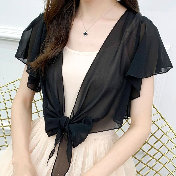 Short Sunscreen Shirt Summer Thin Shawl Women's Chiffon Cardigan with Sling Small Coat with Skirt