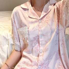 法式轻奢蕾丝边冰丝短袖睡衣女夏款宽松舒适花卉短裤家居服两件套