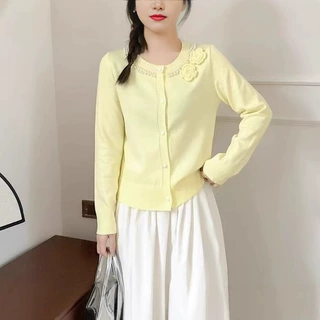 小香风外套洋气花朵钉珠针织开衫女秋冬韩版百搭短款长袖薄款毛衣