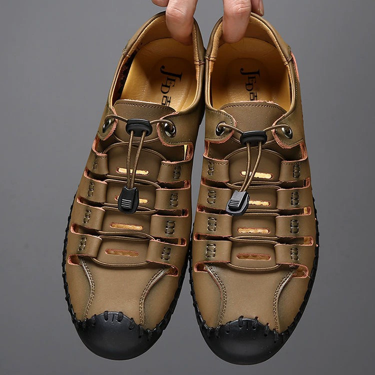 Men's summer genuine leather sandals, non‑slip soft sole, breathable cutouts — sizes EU 38–47