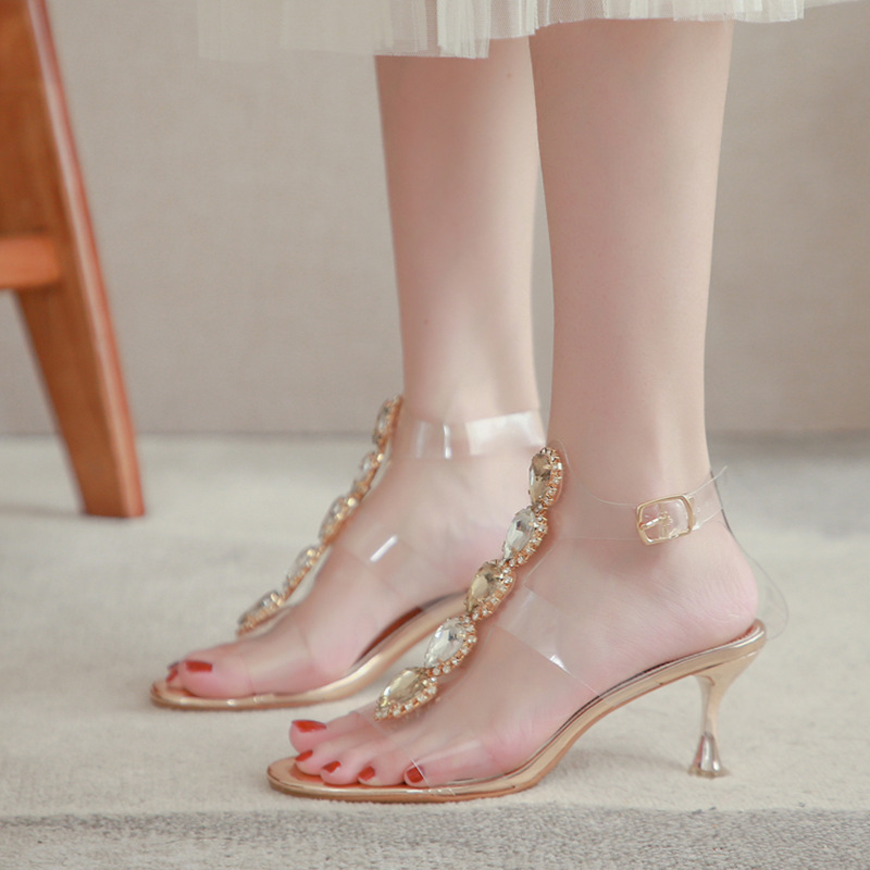 fashion word buckle open toe rhinestone transparent stiletto sandals  NSHU55964