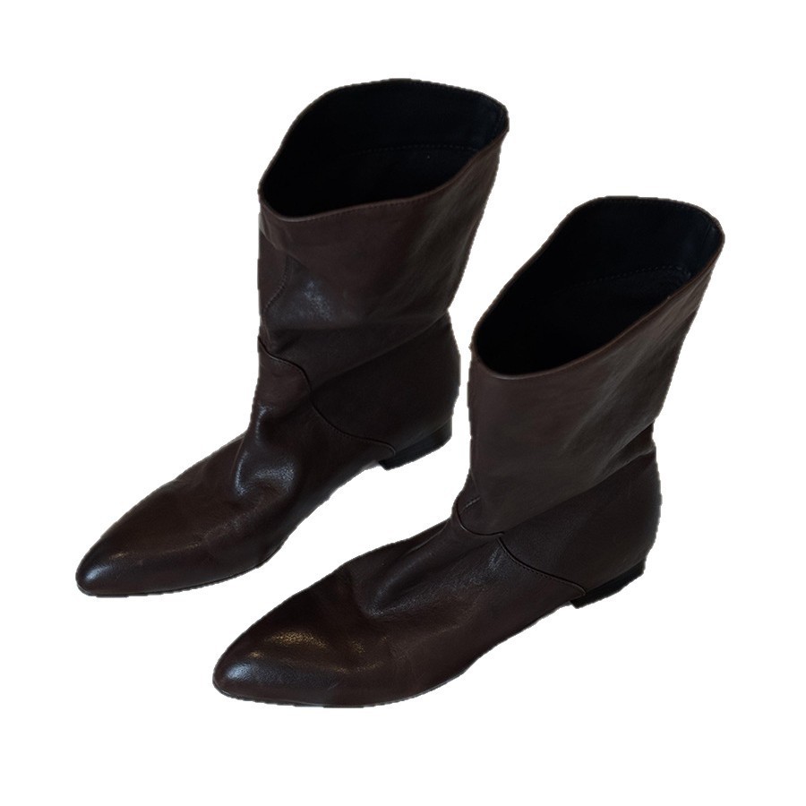 Sheepskin French Retro Style Versatile Pointed Toe High-End Wide Tube Slimming Simple Knight Women's Short Boots_voghion.com