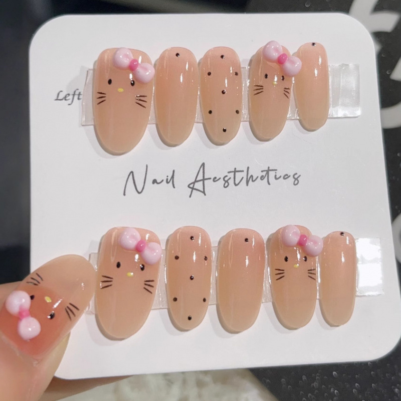 Kt Cat Cute Wearable Nails, High-Looking, White Polka Dots, Long Manicure Bows, Cute Handmade Manicure Nails