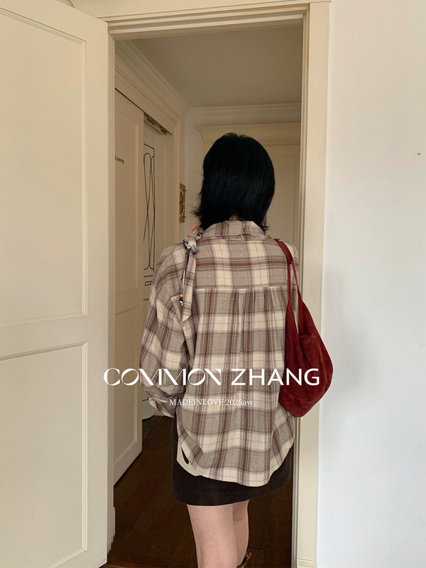 CZ ZHANG秋度假风格子棉衬衫女宽松休闲复古格子上衣送领巾B33847|undefined