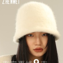 毛茸茸兔毛渔夫帽女秋冬遮脸盆帽大头围显脸小水桶帽米白色帽子