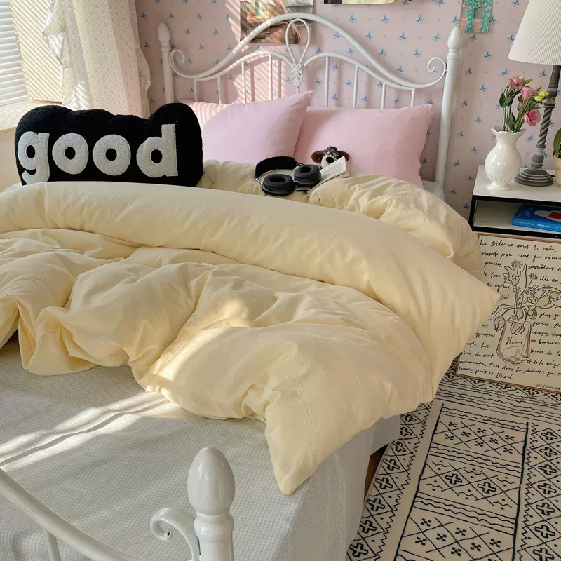 批发ins韩系马卡龙格子混搭撞色纯棉四件套全棉水洗棉纯色4件套