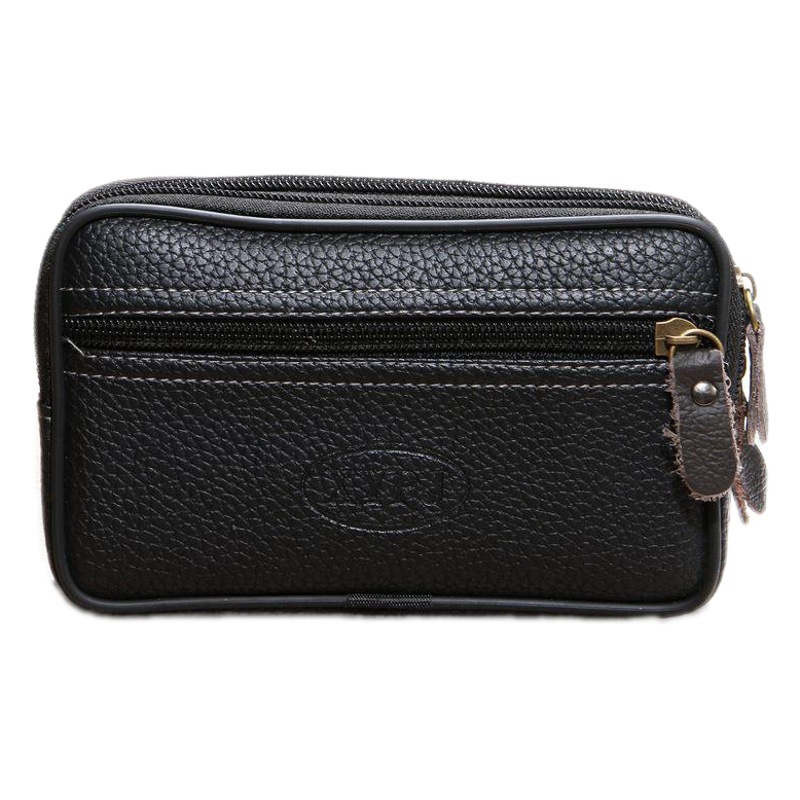 New Men's Horizontal Version Double-Layer Mobile Phone Waist Bag 5.5-6.5inch Litchi Pattern Belt Mobile Phone Bag