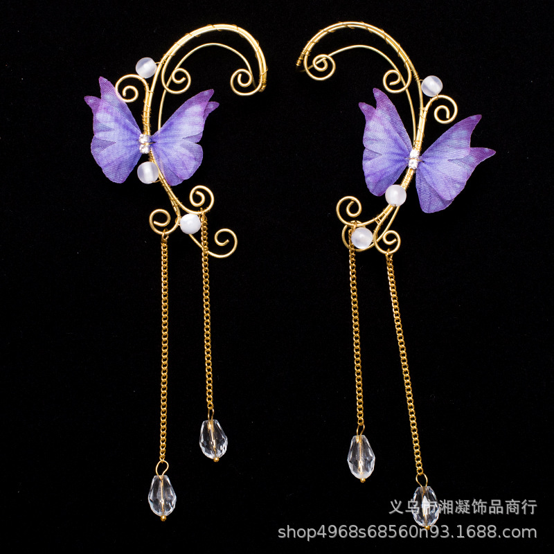 Qingqiu Fox-style earrings for costume cosplay photoshoot, purple butterfly tulle tassel earrings, personalized ear cuffs