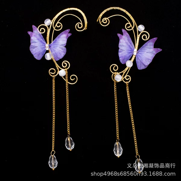 Qingqiu Fox-style earrings for costume cosplay photoshoot, purple butterfly tulle tassel earrings, personalized ear cuffs