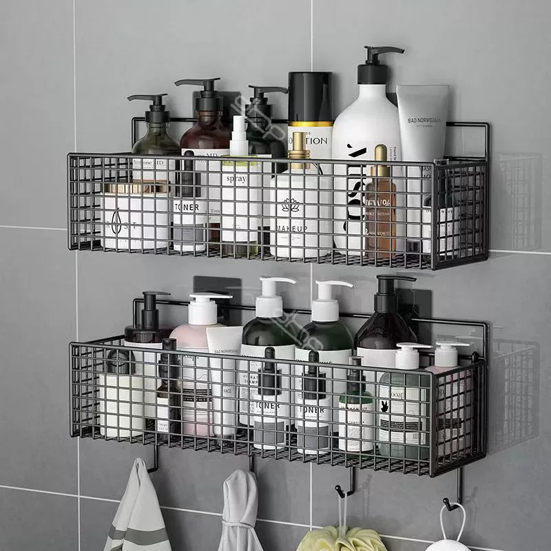 Wall-Mounted Bathroom Storage Shelf, No-Drill Adhesive or Hook Mount, Black/White