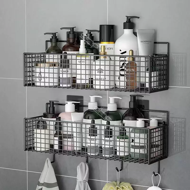 Wall-Mounted Bathroom Storage Shelf, No-Drill Adhesive or Hook Mount, Black/White