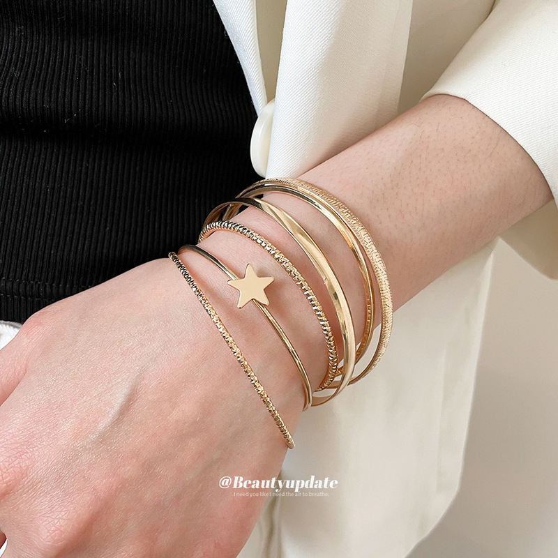 European and American Cross-Border Five-Pointed Star Open Bracelet Set, Personalized Trendy Metal Style Bracelet, Unique Design Niche Jewelry for Women European and American Cross-Border Five-Pointed Star Open Bracelet Set, Personalized Trendy Metal Style Bracelet, Unique Design Niche Jewelry for Women