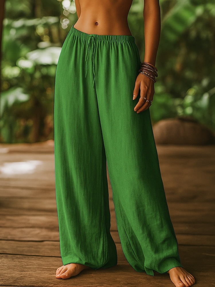 Women's Clothing Women's Cotton Linen Loose Straight Leg Pants With Elastic Waist And Pockets Solid Color Casual Bottoms_ecoleips.com