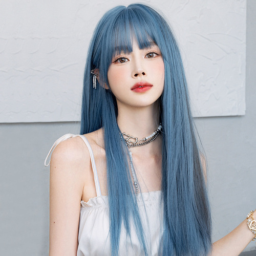 Female blue gradient long straight hair wigs comic show white mermaid blue head type is neat bang all web celebrity net wholesale natural simulation