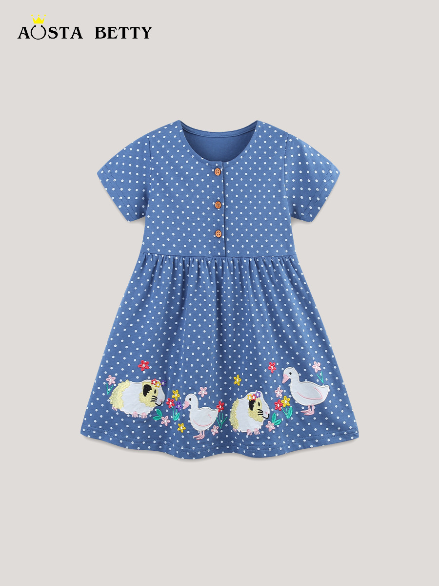 26 transfronterizos verano nuevo vestido de niños punto de onda bordado animal tejido algodón falda de mangas cortas para niñas un cabello