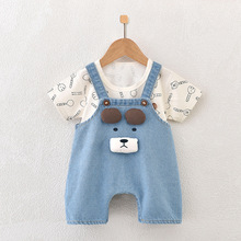 婴儿牛仔套装背带款哈衣萌娃男宝宝外穿爬服新生幼儿衣服夏季