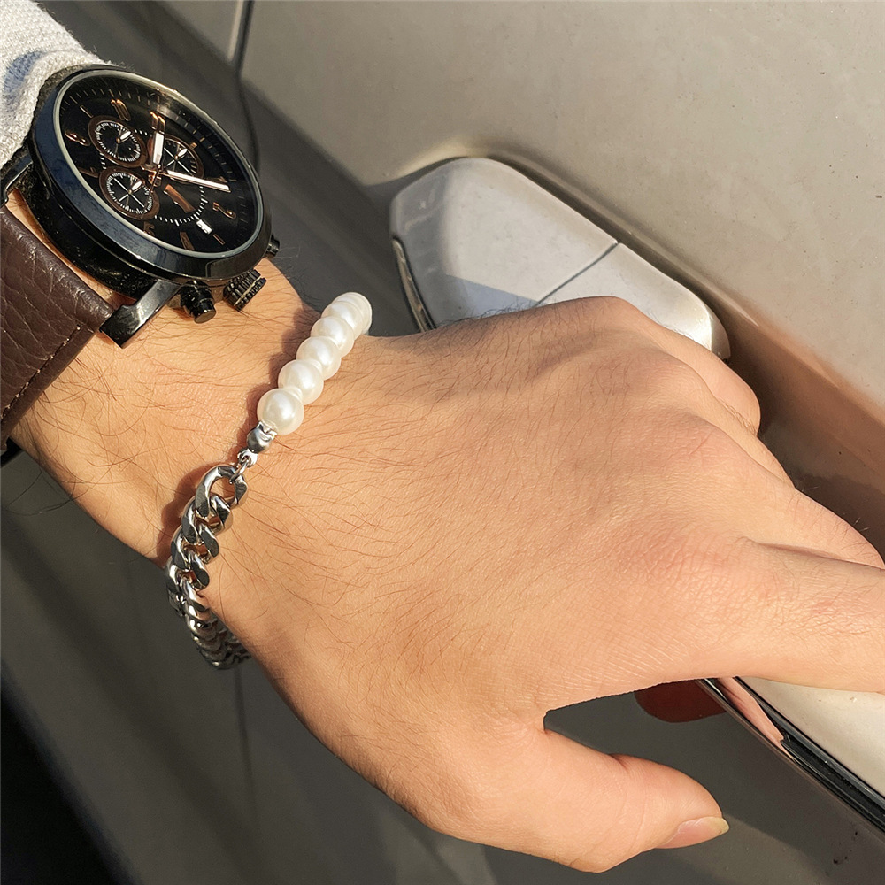 Stitching stainless steel Cuban chain pearl chain necklace