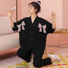 新款短袖长裤睡衣女夏季空调房纯色韩版宽松V领和服家居服套装夏