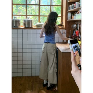 复古高腰直筒工装牛仔裤女夏纯色百搭设计感阔腿八分裤
