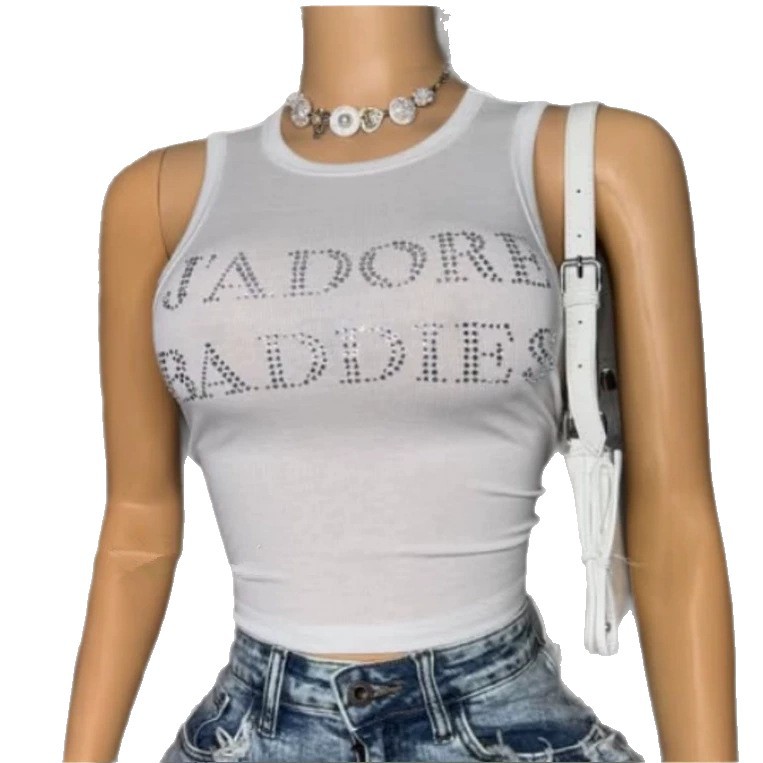 J'ADORE BADDIES Sleeveless Tank Top With Rhinestone Lettering, Fitted, Cropped, Short Style A Chic Look For Women._ecoleips.com