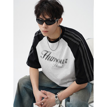 美式复古撞色明线插肩袖短袖T恤男夏季新款模糊网点印花情侣半袖q