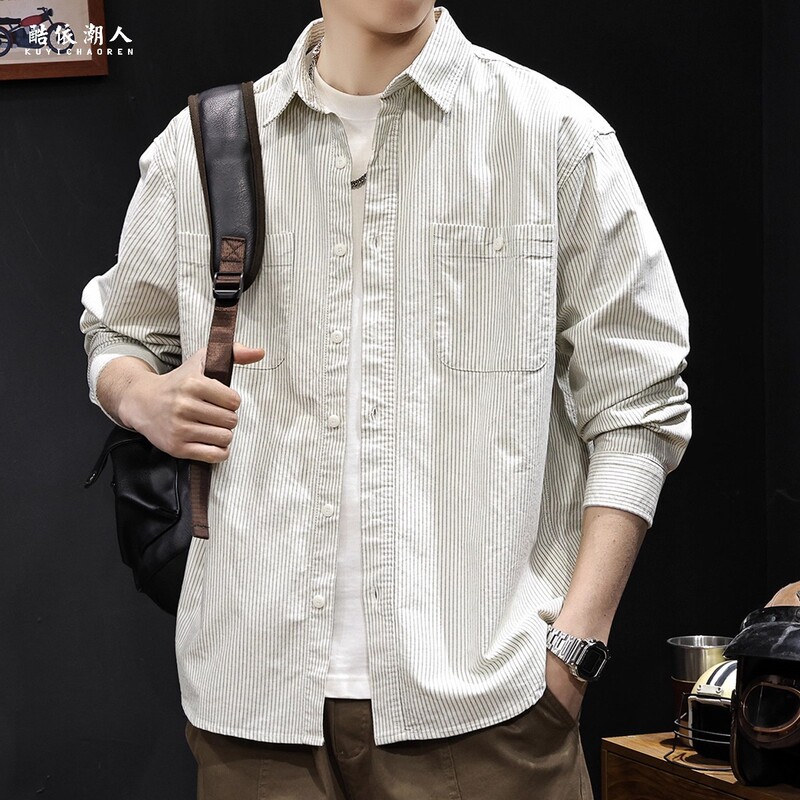 Striped American Shirt Men's Long-Sleeved Autum 2025 New Casual Clothes Trendyy Versatile High-End Large Size Spring and Autum