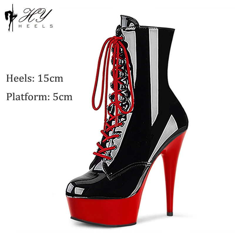Giày cao gót boot ngắn nữ dây buộc gót siêu cao 15cm — Màu đen, Màu hồng, Màu trắng, Màu mơ chi tiết 4